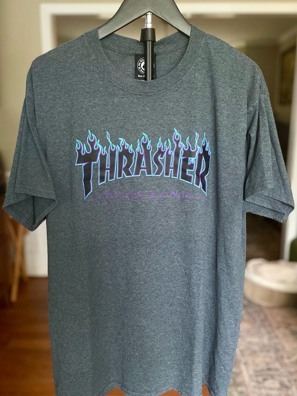 Thrasher Men’s Dark Gray Tee with Teal & Purple Flame Logo, Size L
